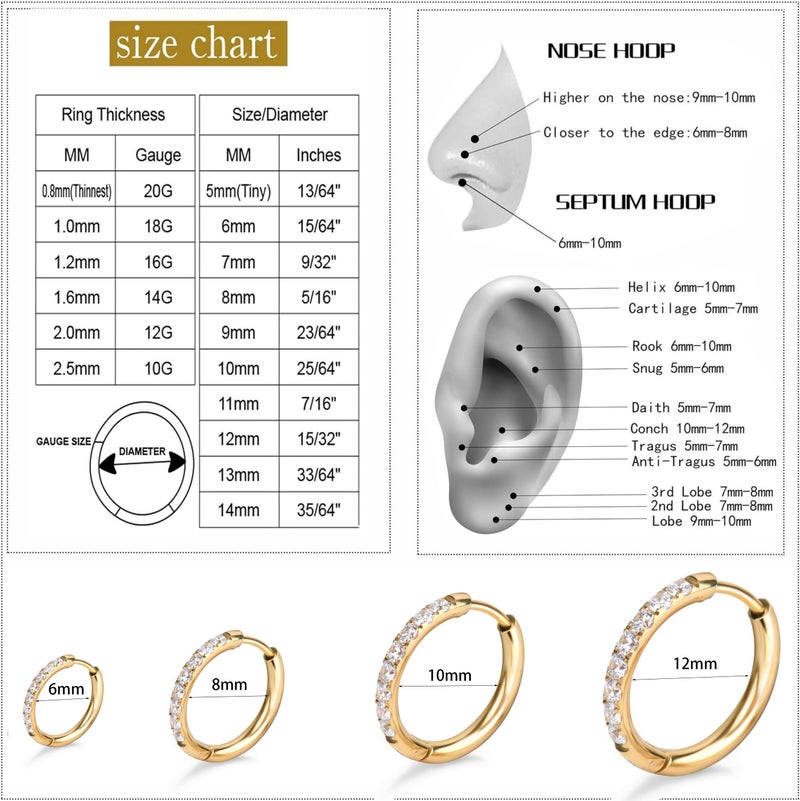 Showself Surgical Steel CZ Huggie Hoop Earrings Hypoallergenic, 18G Conch Piercing Jewelry, Small Gold Cubic Zirconia Earring, Hinged Endless Ear Hoops, Little Hug Hoop Earrings for Women Men (12mm) - Image 5